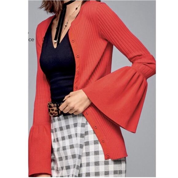 Cabi bright orange trumpet sleeve ribbed snap front cardigan size Small #5285 - Picture 1 of 16